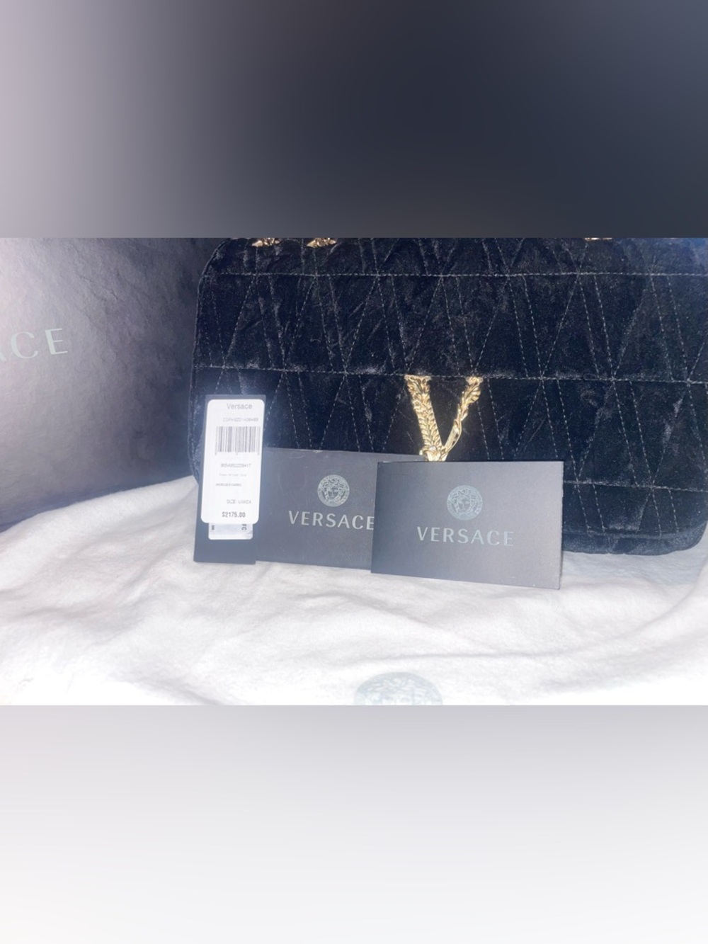 Versace Black Quilted Velvet Shoulder Bag with Gold V and Gold Hardware Chain - Picture 10 of 17